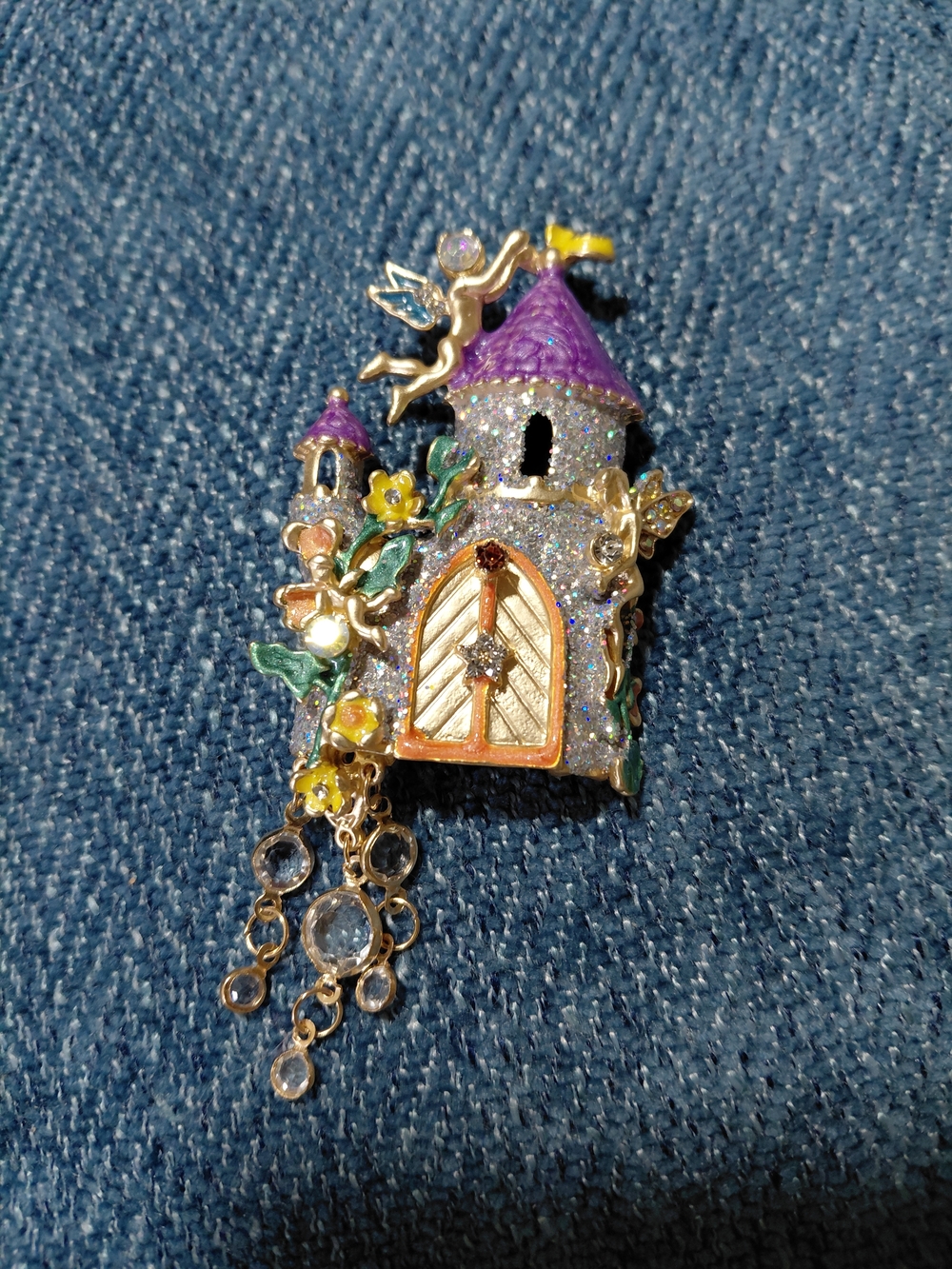 Fairy Castle Brooch Pin with Purple Roof and Glitter